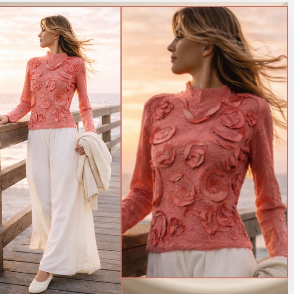 VTG 1990s|Y2k ALBERTO MAKALI "Long Sleeve Pink Rosette Top,Textured Crepe,Size M